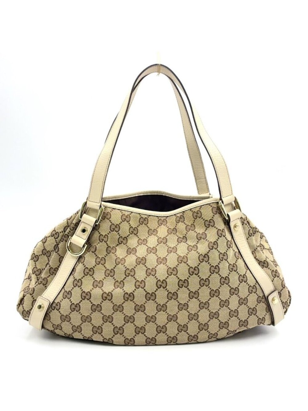 Gucci Abbey Tote Leather Canvas Beige Shoulder Bag Silver